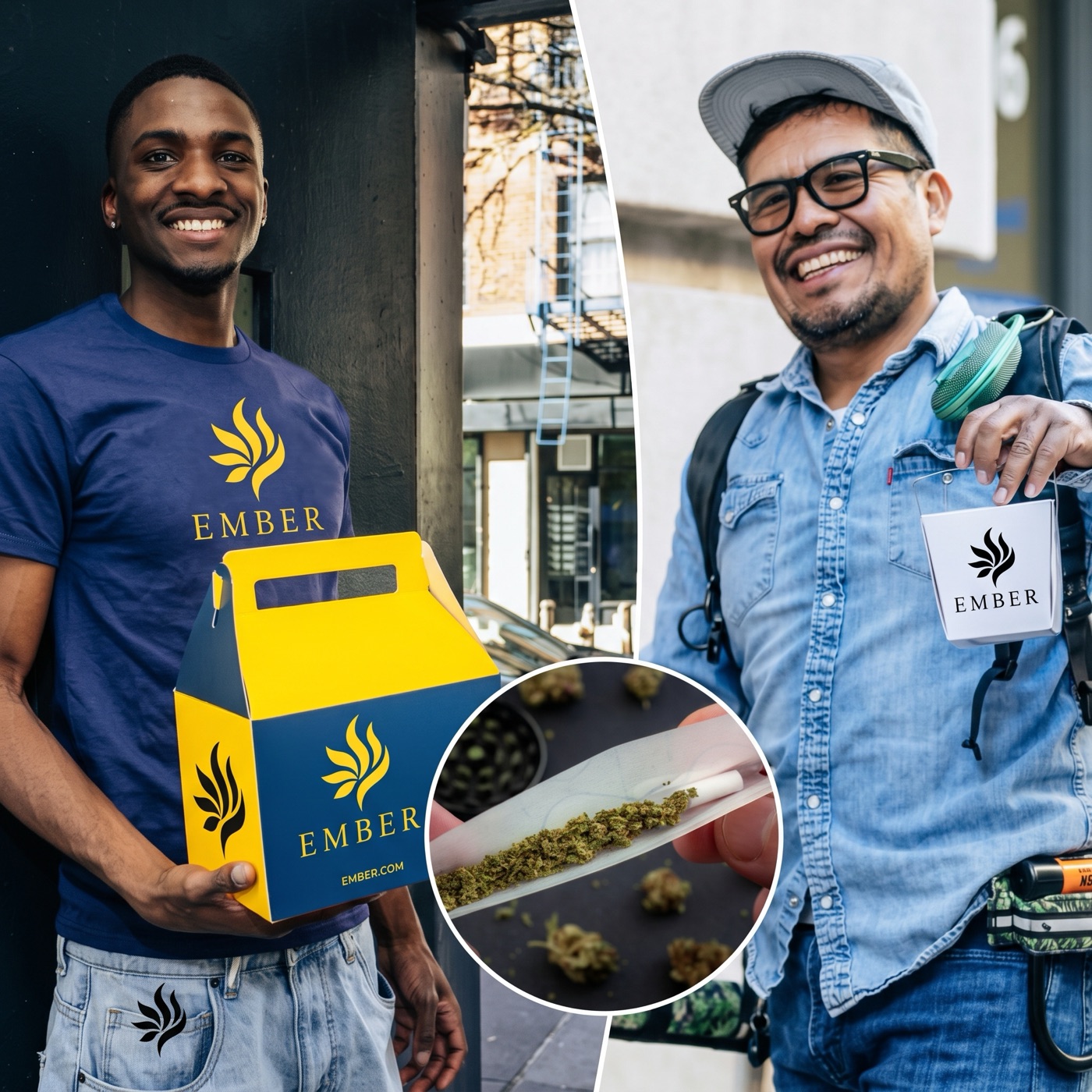 Two Ember couriers on the sidewalk carrying sealed Ember packages