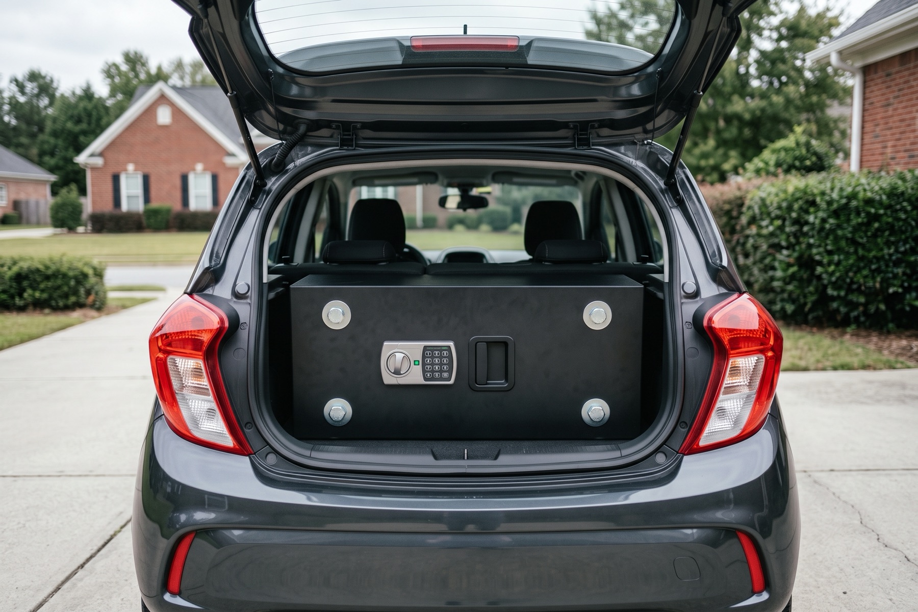 Open hatch of an unmarked compact car with a lockbox safe bolted into the cargo area